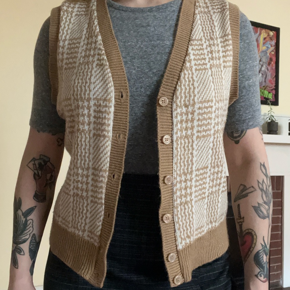 Devon Beige and White Checkered Sweater Vest